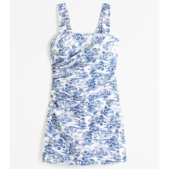 ✨Abercrombie & Fitch Linen-Blend Ruched Squareneck Mini Sz Medium Dress✨ - Picture 2 of 7
